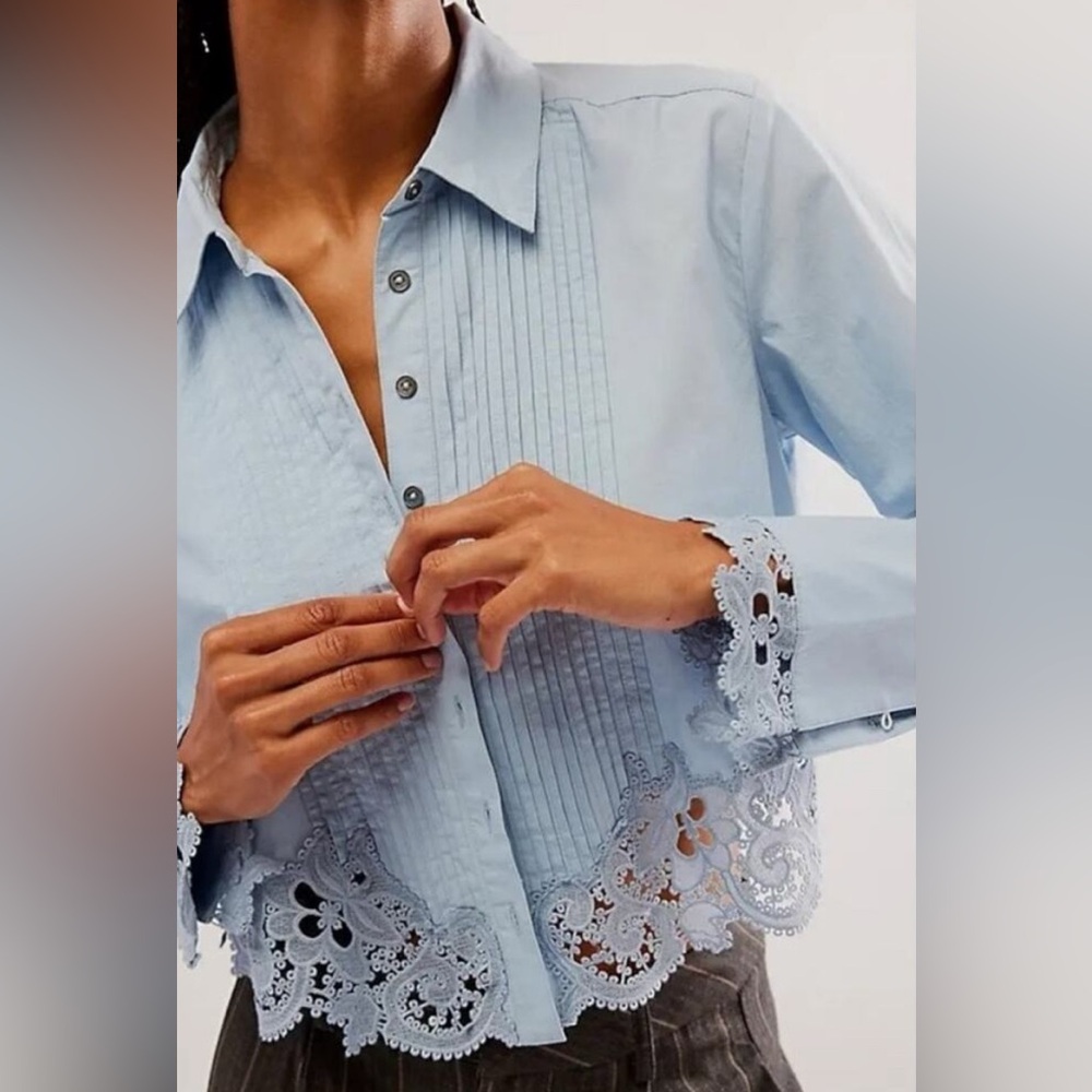 Free People Hooked On You button up blouse, blue glacier, women’s size XL.